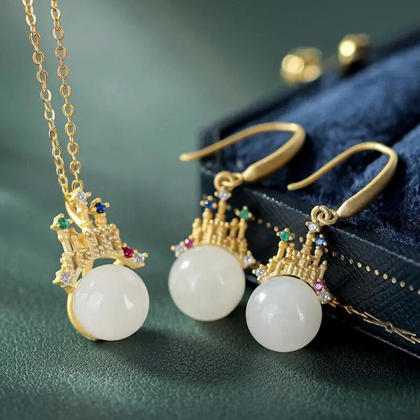 Natural Hetian White Jade Round Beads Colorful Castle Shaped Earrings Necklace Pendant