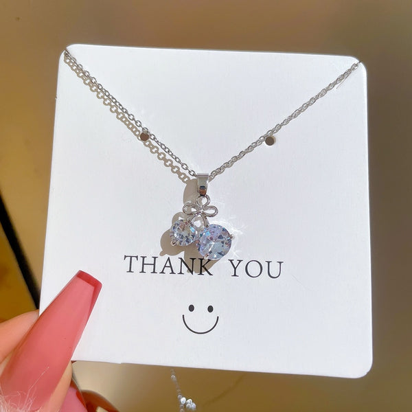 Cute Bowknot Cherry Full Crystal Pendant Necklace For Women