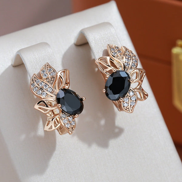 Flower Design Oval Black Zircon Hollow Women Earrings