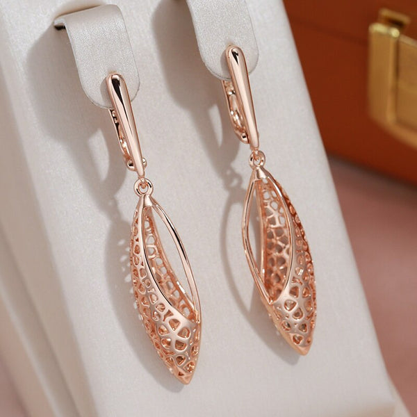 Mesh Hollow Oval 585 Gold Color Pendant Earrings for Women