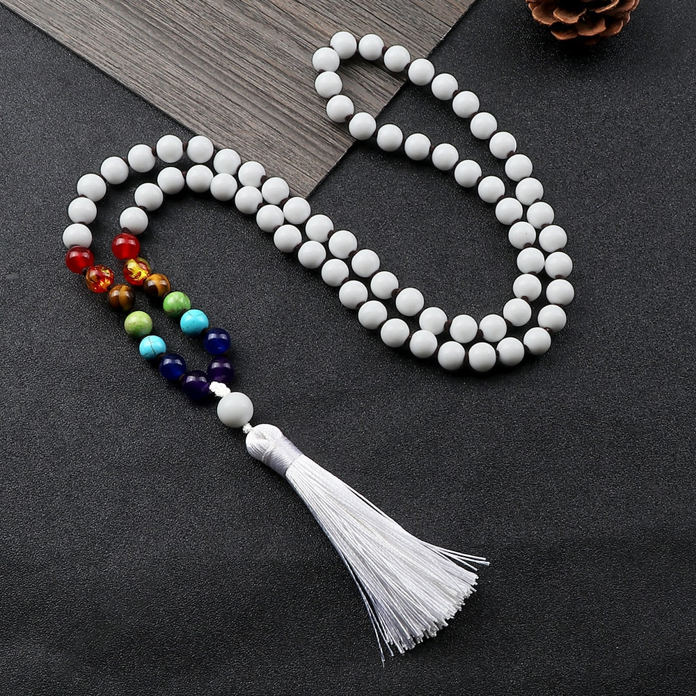 Women Bright White Color Beads Chakra Stretch Necklace