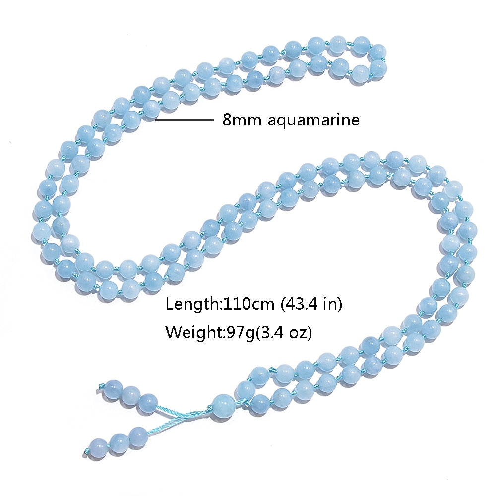 8mm Aquamarine Beaded Knot 108 Mala Necklace