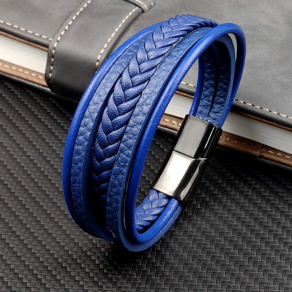 New Titanium Steel Blue Punk Braided Leather Bracelet For Men