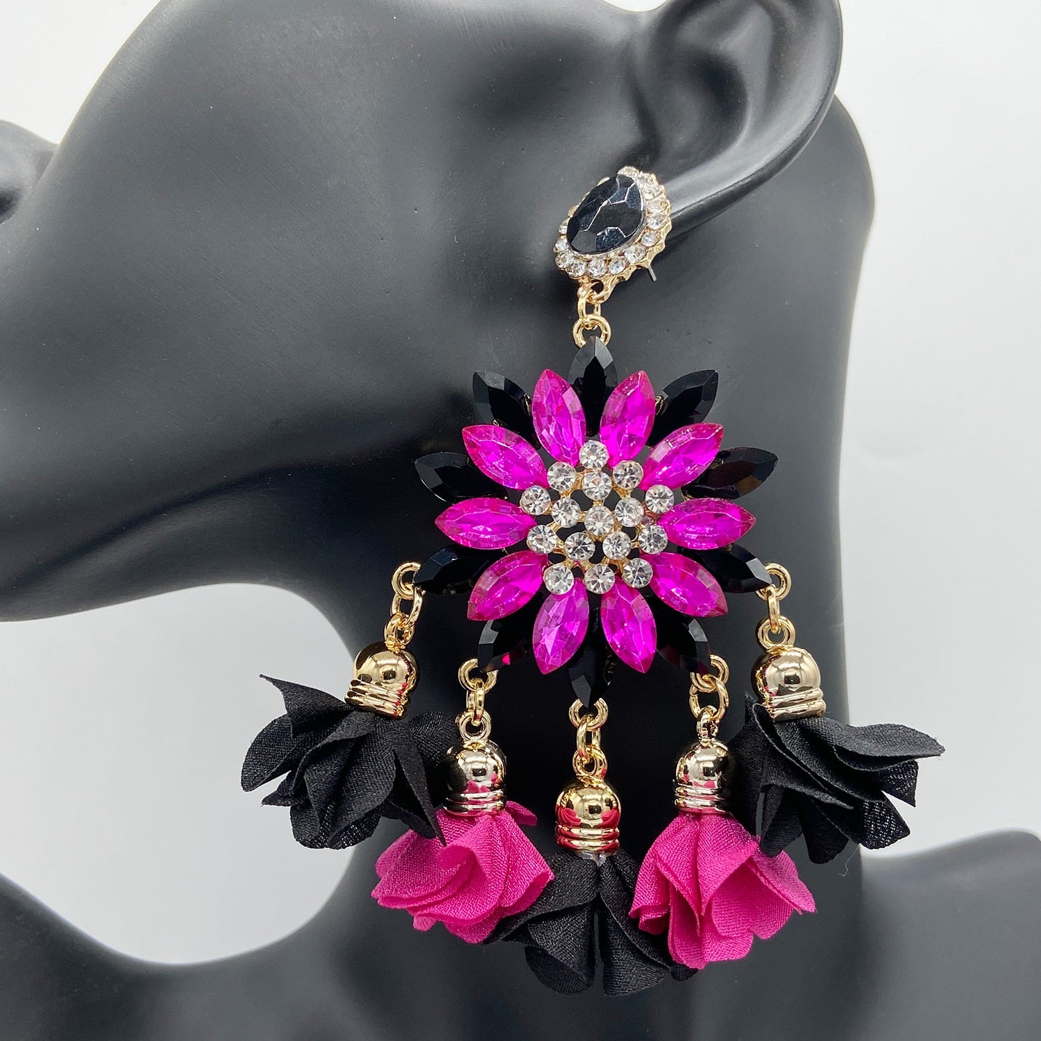 Multicolor Drop Earrings For Women Luxury Rhinestones Crystal Dangle Tassel Flower Big Earrings