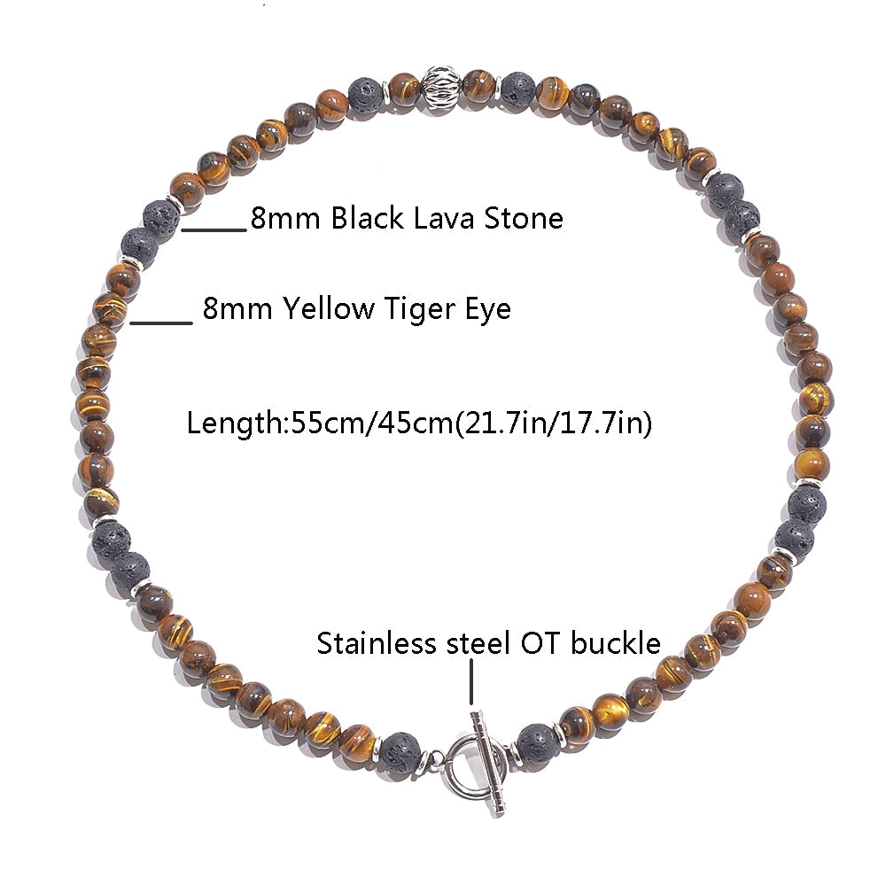 8mm Yellow Tiger Eyes Black Lava Stone Beaded Choker Necklace Stainless Steel Short Necklace