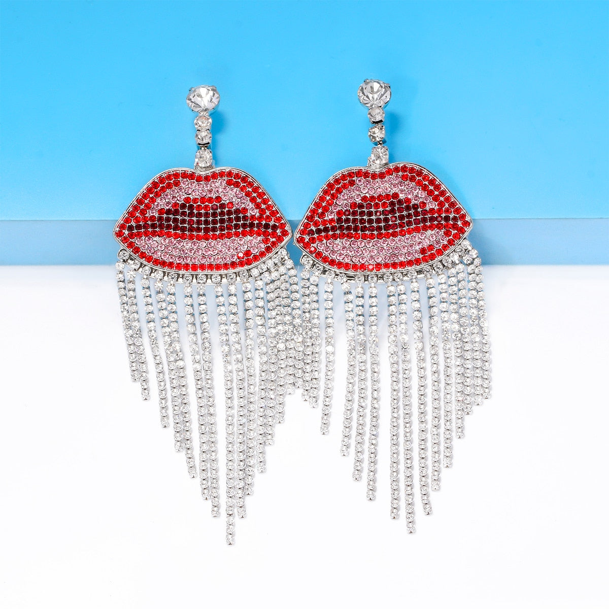 ZA Luxury Sexy Rhinestone Red Lip Tassel Dangle Bohemian Earrings For Women