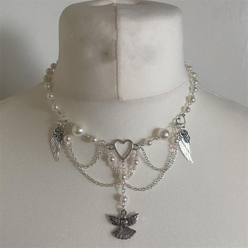 Handmade Fairycore Pearl Crystal RosaryNecklace