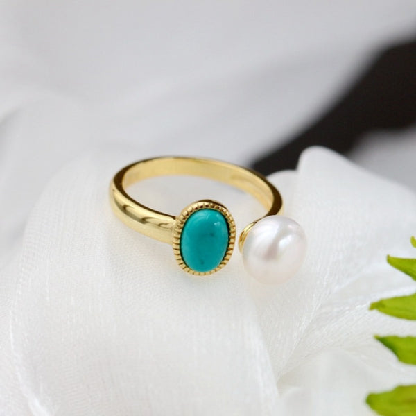 Original simple new in design silver inlaid turquoise pearl rings for women