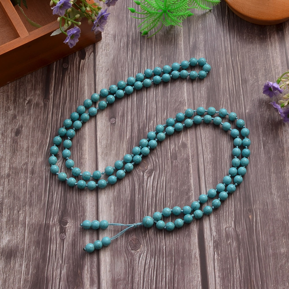 8mm Blue Turquoise Knotted 108 Mala Prayer Bead Necklace