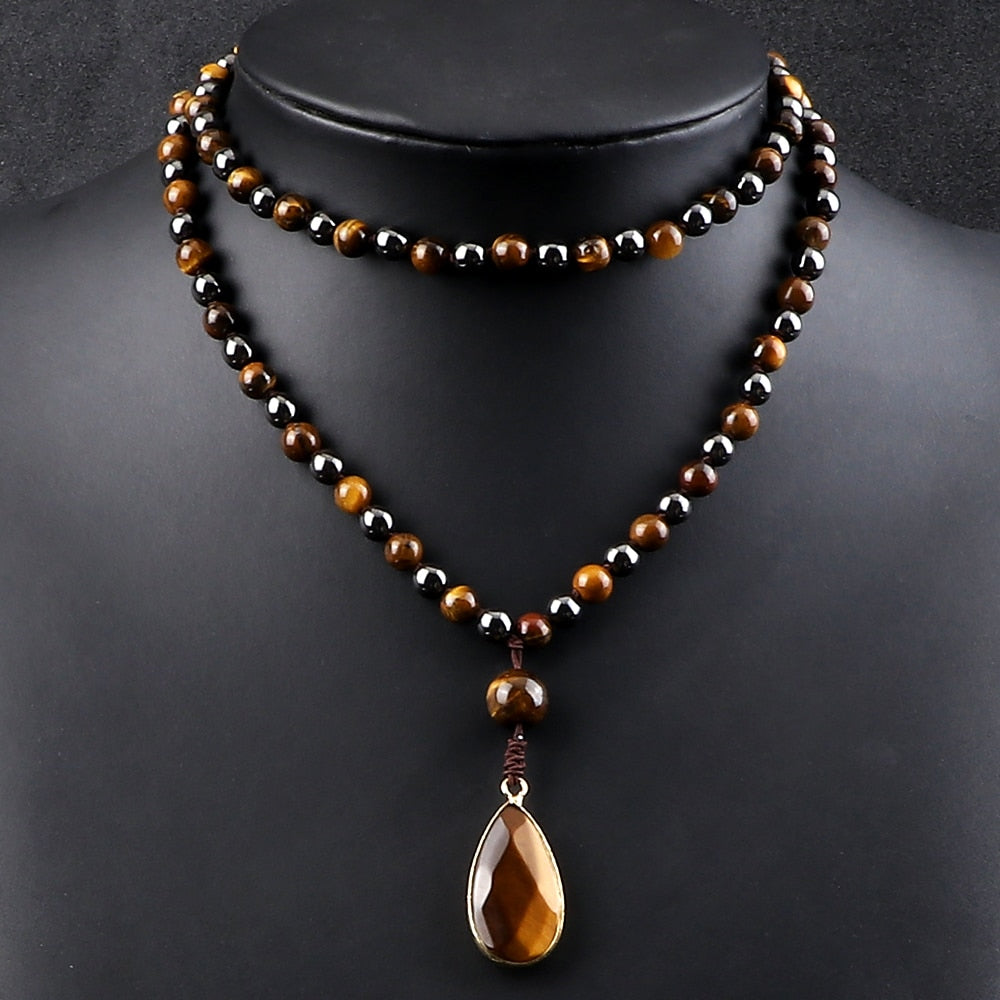 Men Hematite Tiger Eye Beaded Necklaces Classic Natural Stone Beads Pendant Necklaces Women