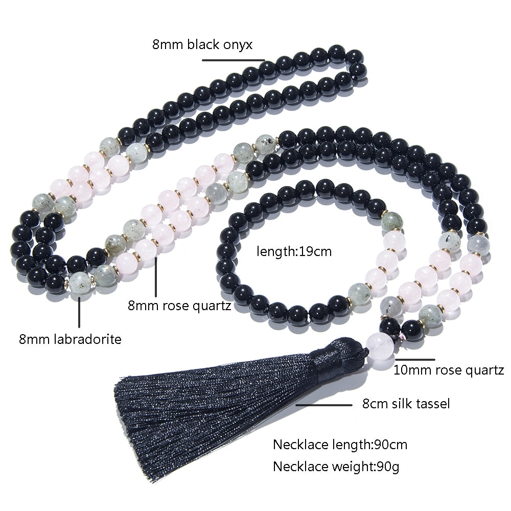 8mm Black Onyx Rose Quartz Labradorite Beaded 108 Japamala Necklace