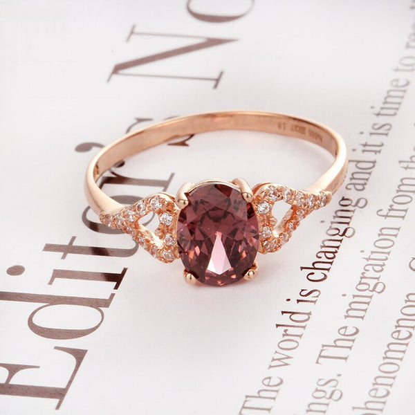 gold plated 14K rose gold inlaid oval crystal ruby wedding rings