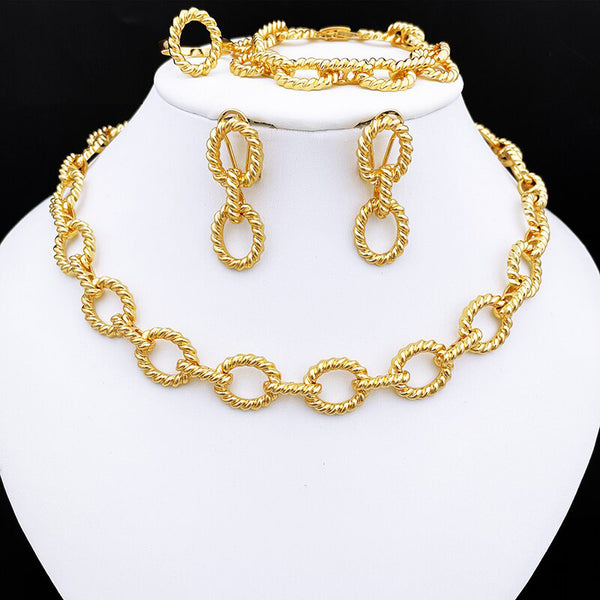 Women Prom Necklace Earrings Charm Bracelet African Gold Color Jewelry Set