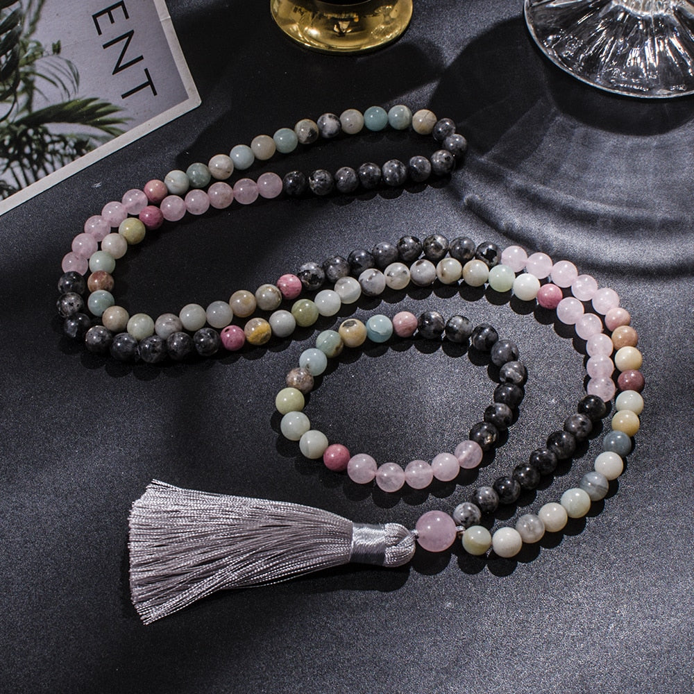 8mm Amazonite Rose Quartz Labradorite Beaded 108 Mala Necklace Set