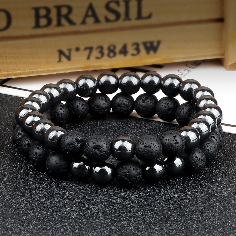 2pcs Couples Natural Stone Lava Beads Bracelets Trendy Men Hematite Beads Bracelet