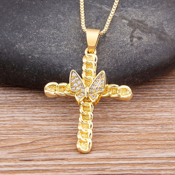 New 11 Styles Cross Inlaid Butterfly Exquisite Zircon Necklace Women