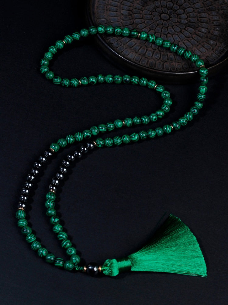 108 malachite stone beads Necklace With Cotton tassel Pendant