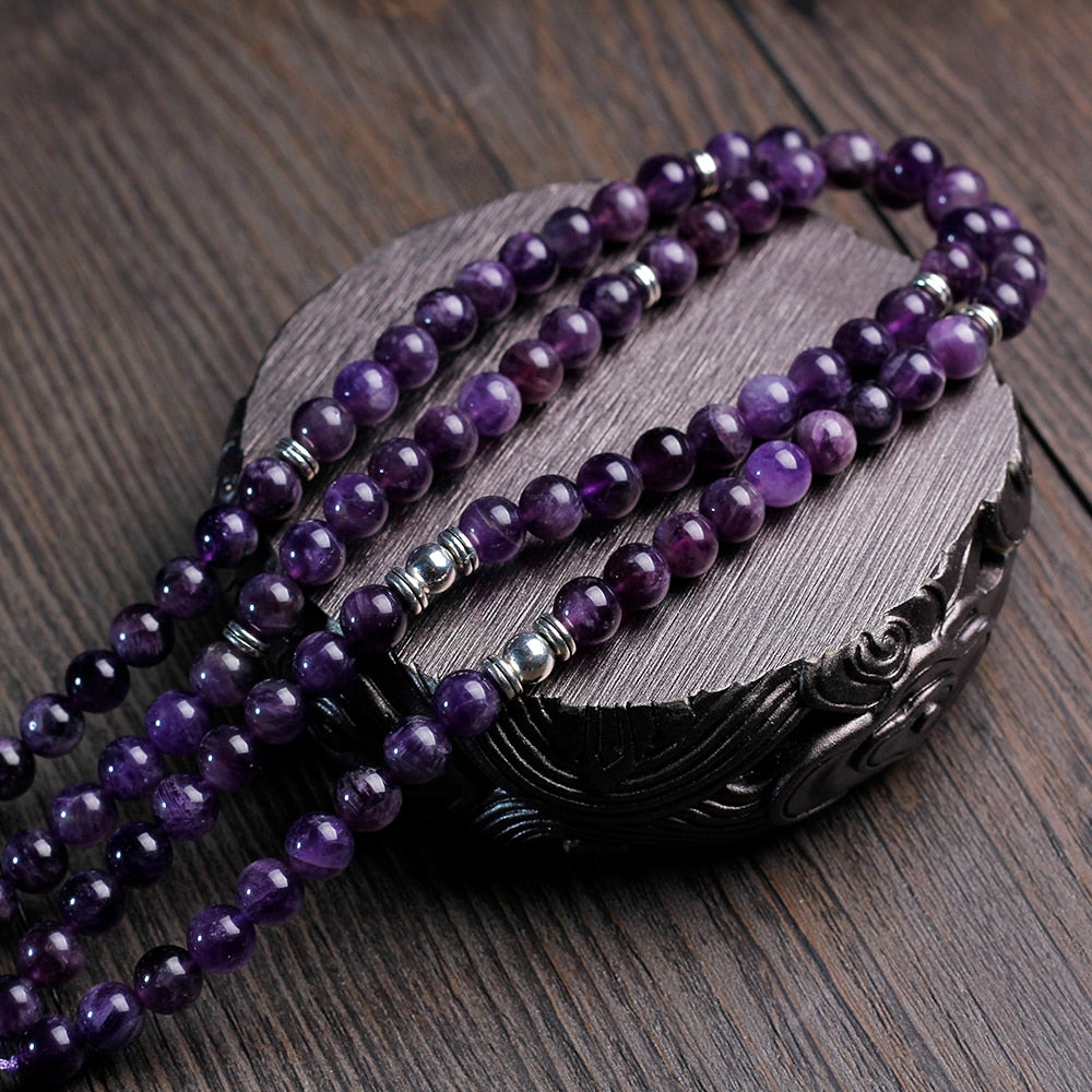 8mm Amethyst Necklace with tassel, Peaceful Heart Calming JaPaMala