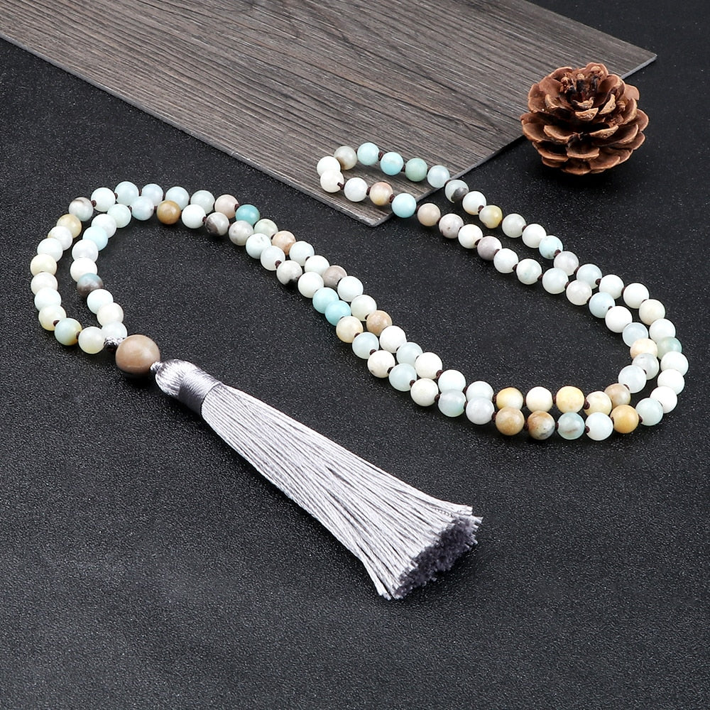 108 Mala Natural Stone Matte Amazonite Round Beads Necklaces Women