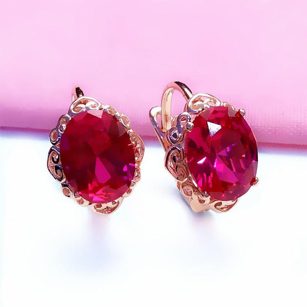 585 purple gold plated 14K rose gold inlaid oval ruby flower earrings for women