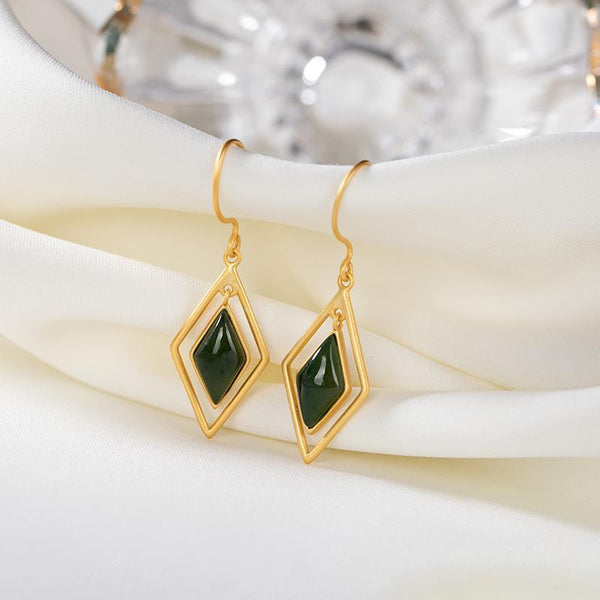 New Silver Gold Inlaid Natural Hetian Chalcedony Palace High Sense Earrings