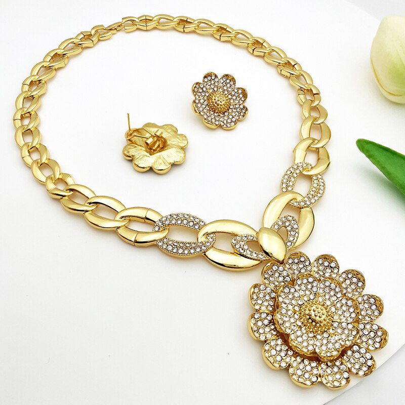 Dubai Gold Color Jewelry Set Women Necklace Earrings Flower Large Pendant