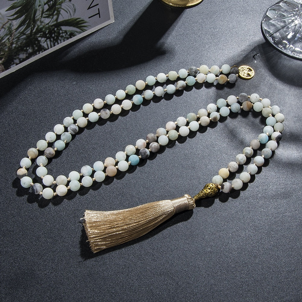 8mm Matte Amazonite Knotted Necklace 108 Mala Beads Necklace