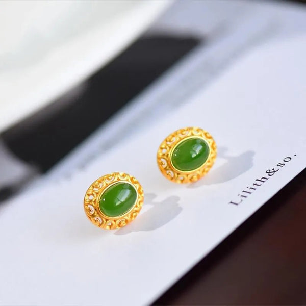 Ancient gold craftsmanship inlaid with natural Hetian green jade oval earrings