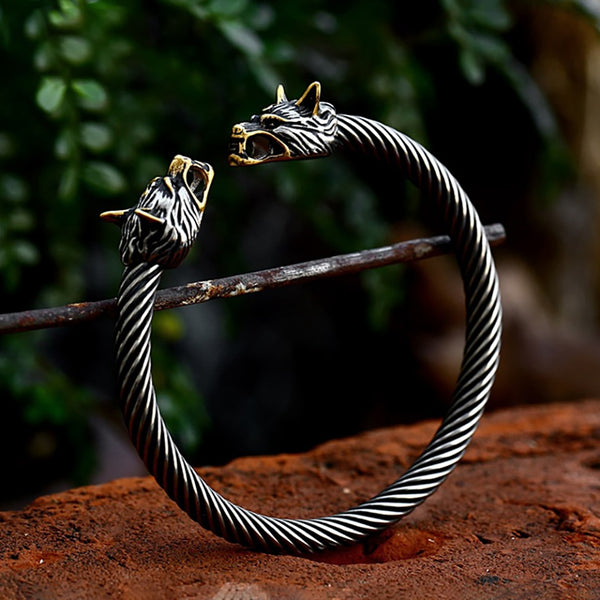 Vintage Viking Double Wolf Head Bracelet For Men Women