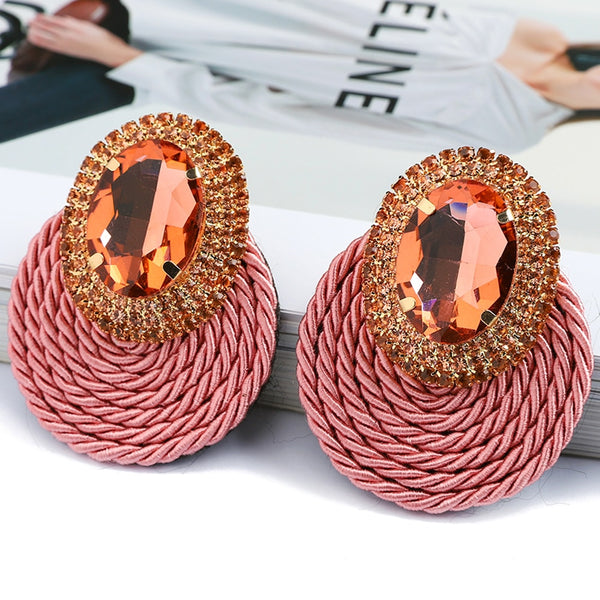 Fashion Ethnic Style Cotton Weave Colorful Crystal Round Big Dangle Earrings For Women