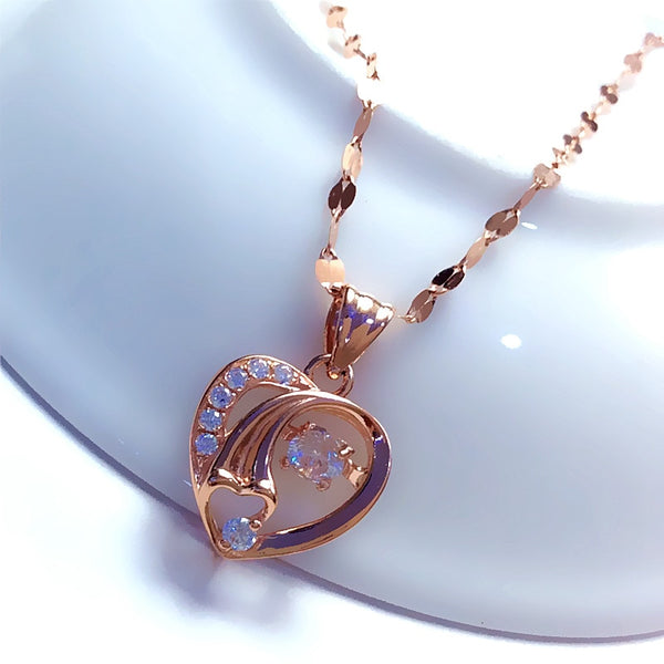 585 purple gold inlaid crystal hollow heart neckalce for woman