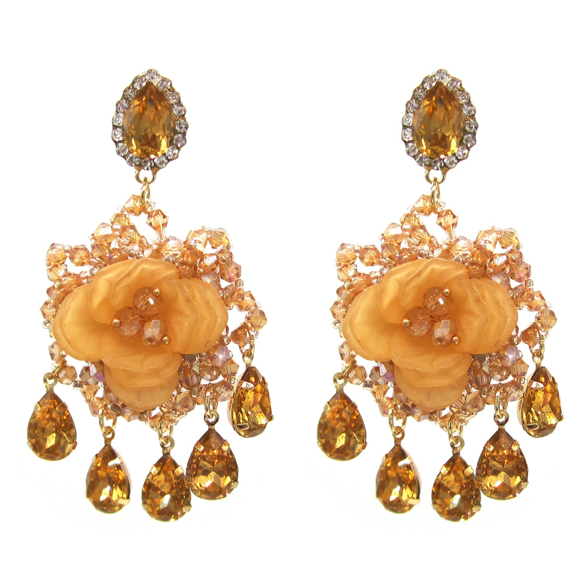 Statement Handmade Crystal Flower Big Drop Earrings for Women