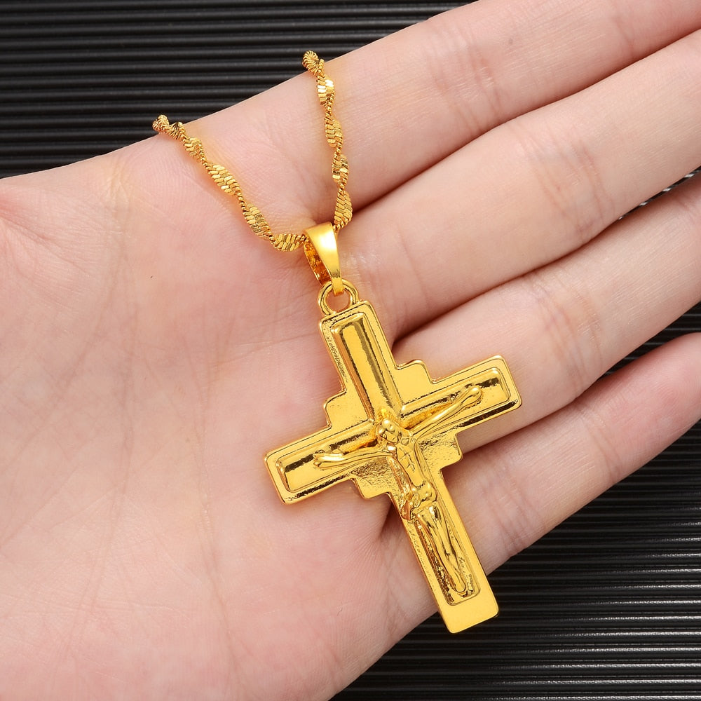 24k Fashion Big Cross Jesus Twisted Wave Necklace for Men