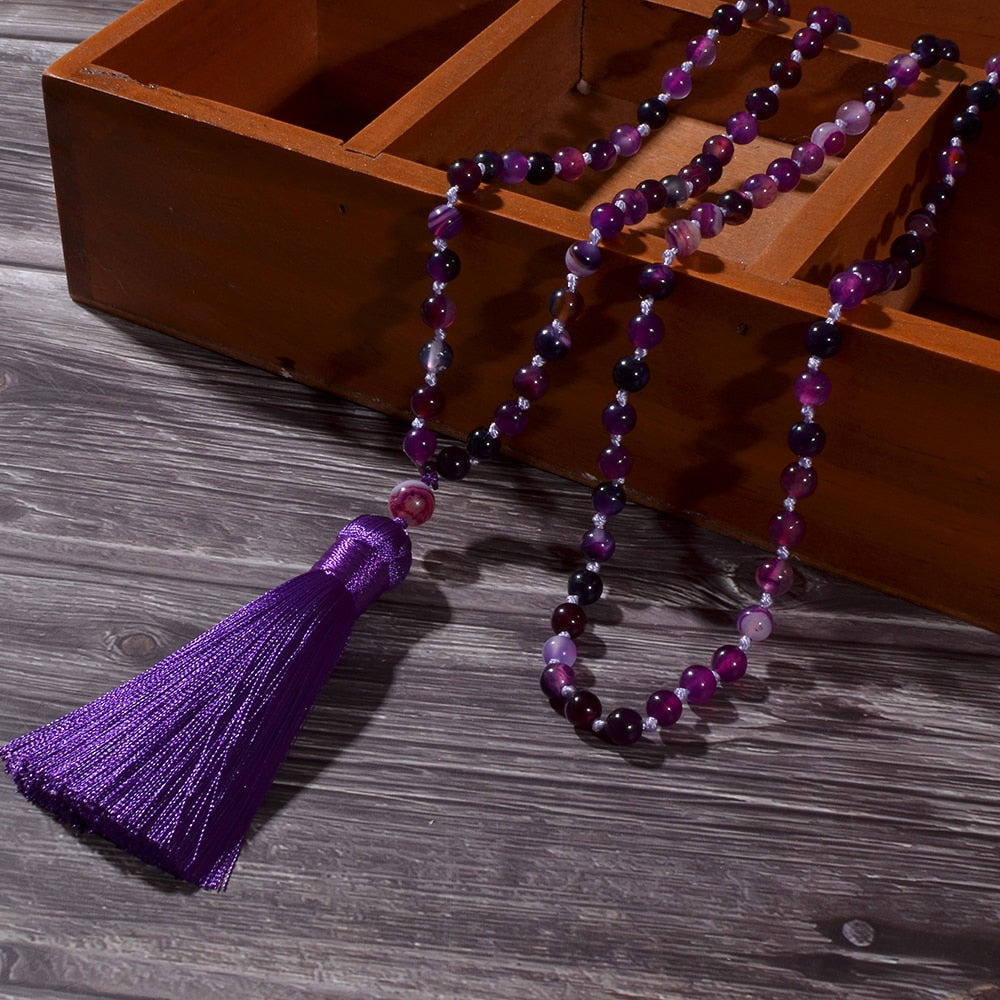 6mm Purple Striped Agate Beads Knotted 108 Mala Necklace