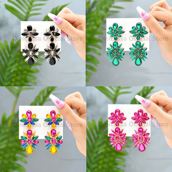 Luxury Colorful Sparkly Crystal Flower Large Dangle Earrings For Women