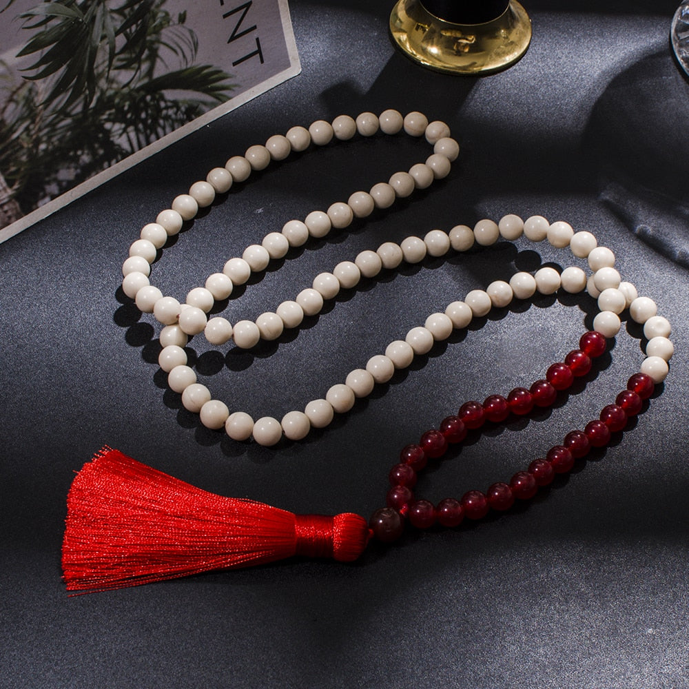 8mm White Fossil Red Agate Beaded 108 Mala Necklace