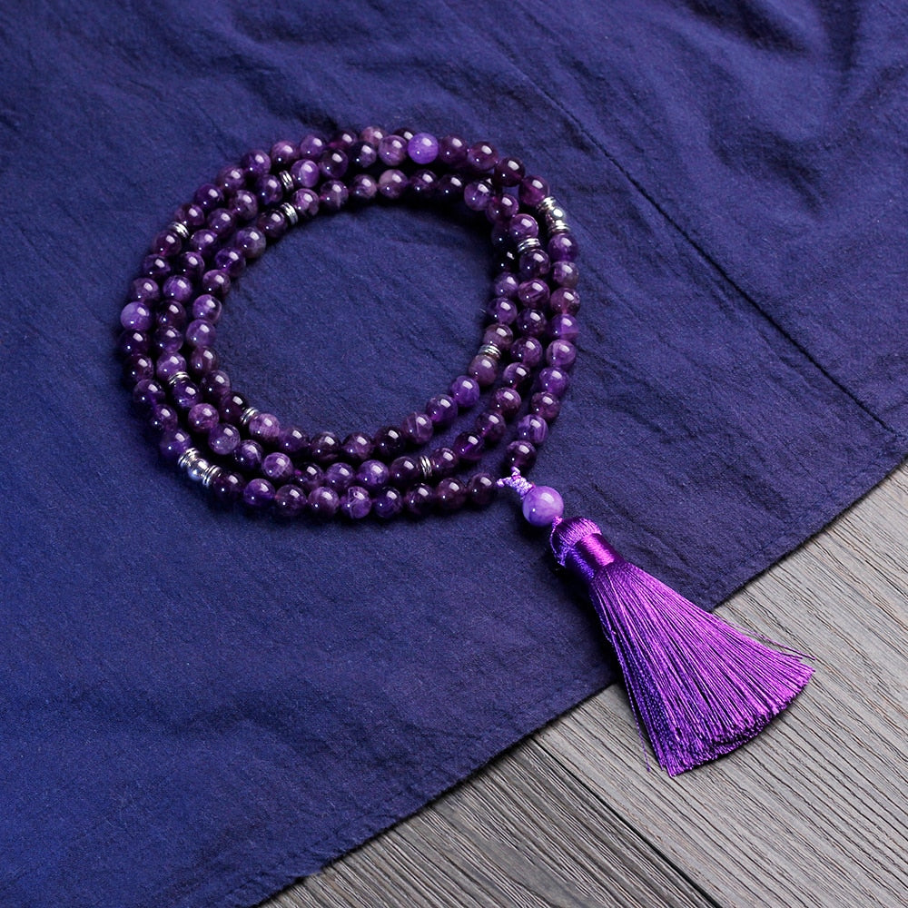 8mm Amethyst Necklace with tassel, Peaceful Heart Calming JaPaMala