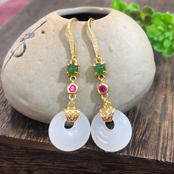 silver inlaid natural Hotan white jade long earrings