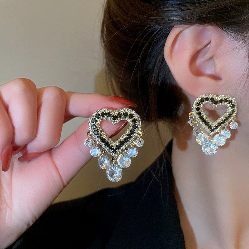 Hollow Heart Zircon Crystal Drop Earrings Ladys Rhinestone Dangle Earrings for Women