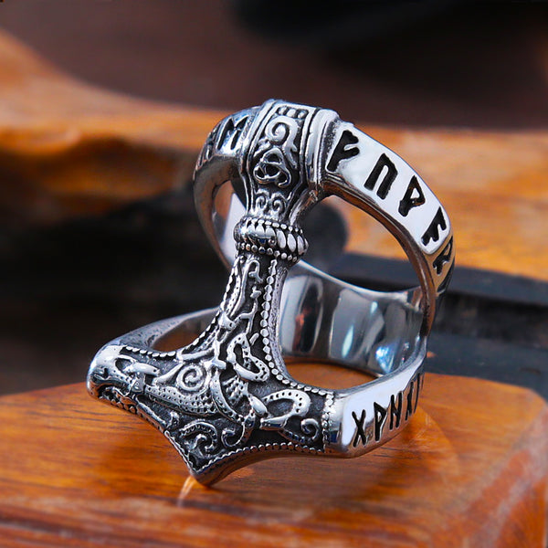 Vintage Viking Thor's Hammer Ring Mens Nordic Odin Rune Ring