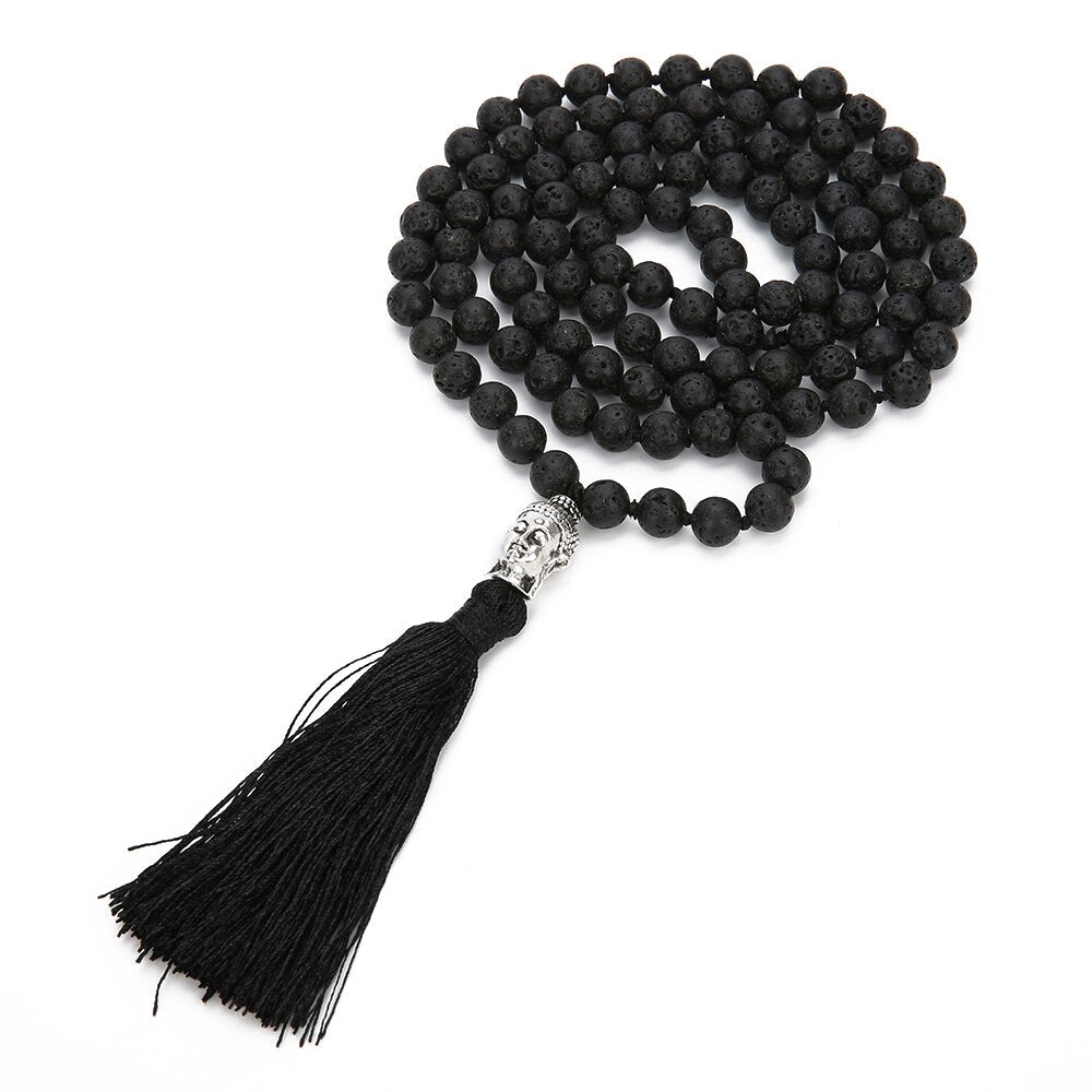 8mm Black Lava Stone Beaded Knotted 108 Mala Necklace