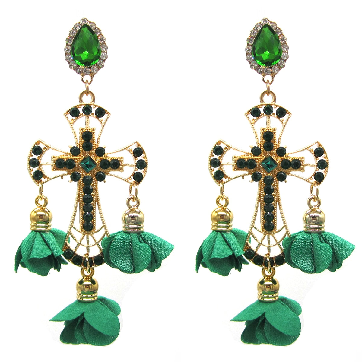 Statement Alloy Long Pendant Rhinestones Tassel Flower Earrings For Women