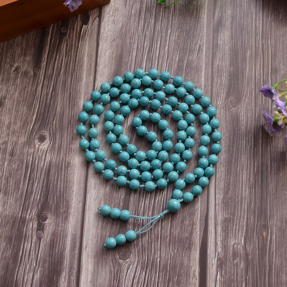 8mm Blue Turquoise Knotted 108 Mala Prayer Bead Necklace