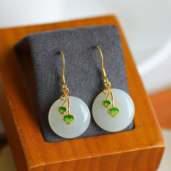 Creative Design Inlaid Natural Hetian Jade Round Enamel Porcelain Apricot Leaf Earrings