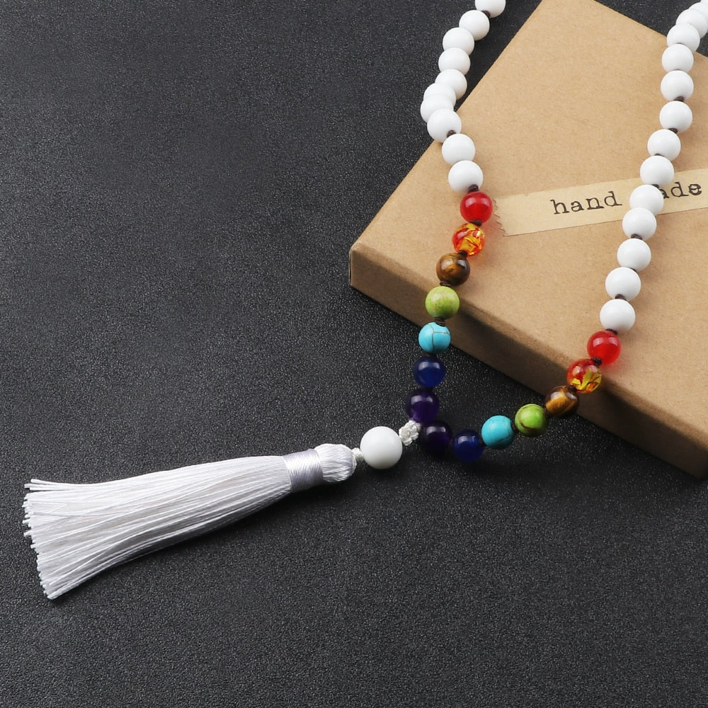 Women Bright White Color Beads Chakra Stretch Necklace