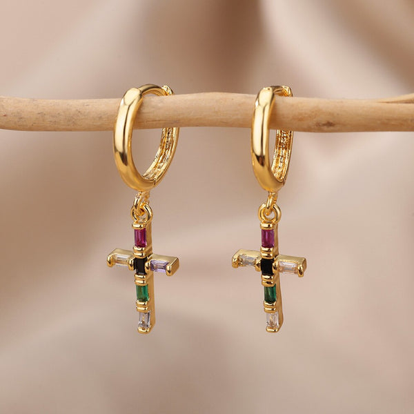 Colorful Crystal Cross Piercing Earrings For Women