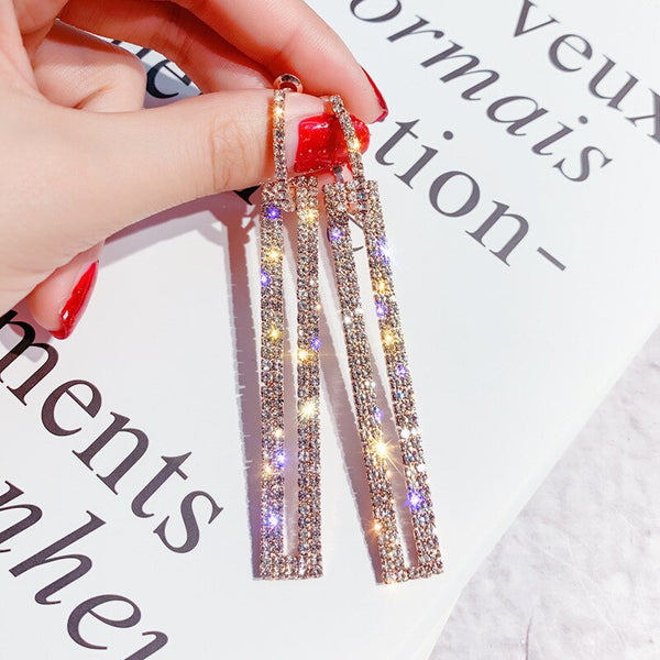 Fashion Long Geometric Drop Earrings for Women Luxury Gold Silver Color Rectangle Rhinestone Earrings