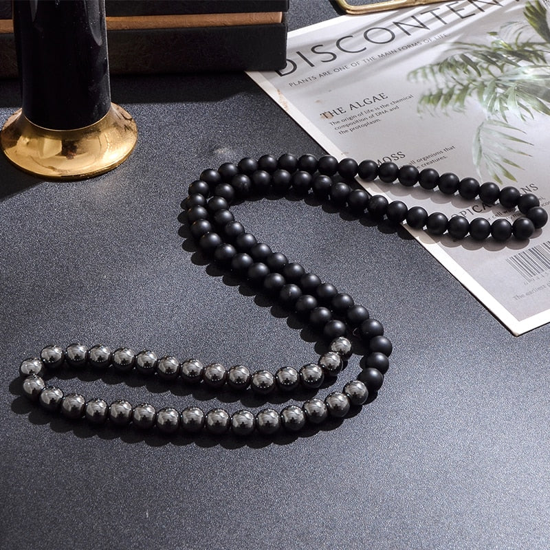 8mm Mattle Black Onyx with Hematite Beaded Long Necklace