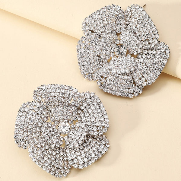 Romantic Sweet Metal Flower Floral Full Rhinestone Big Stud Earrings For Women