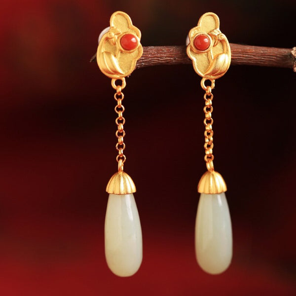 Natural Hetian jade crane earrings for women